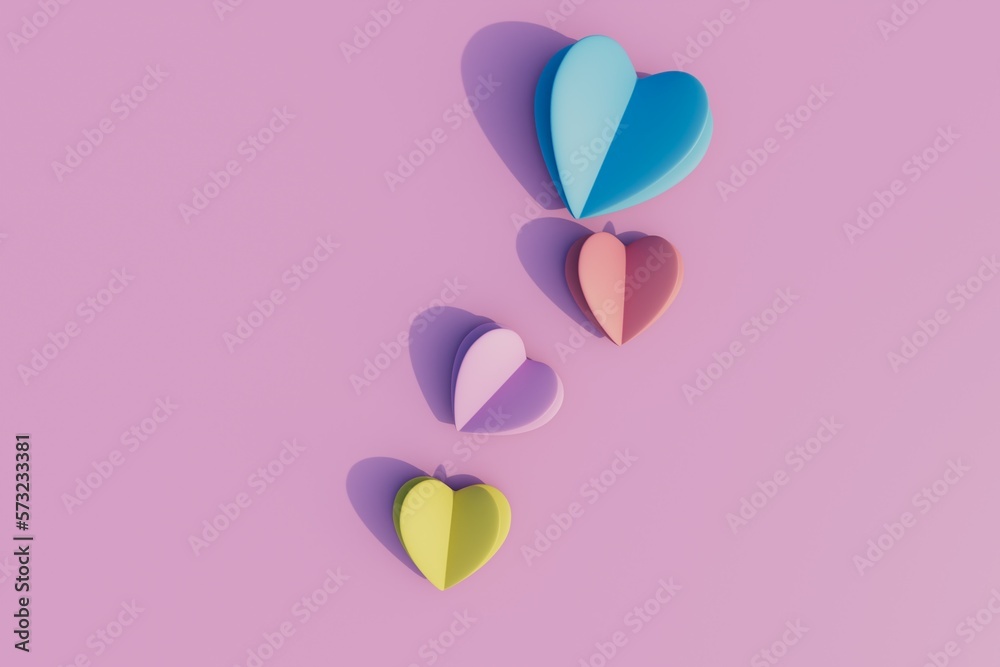 jewelry in the form of hearts. multicolored paper hearts on a pastel background. 3D render