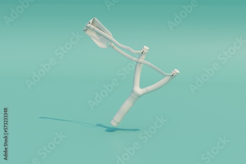 the concept of children's games. a white slingshot on a turquoise background. 3D render