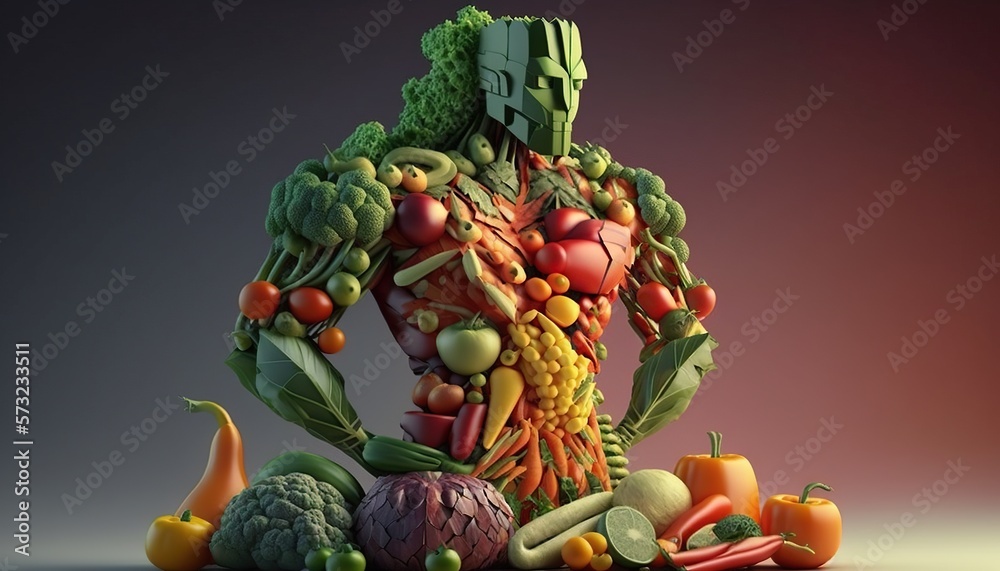  A healthy young man made of vegetables, a healthy diet that maintains overall health. vegan man ,vegetarian man ,fitmess 
