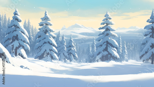 Snowy Mountains and Hills, with Pine and Fir Trees Scenery During Dusk Detailed Hand Drawn Painting Illustration