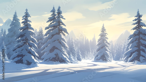 Snowy Mountains and Hills, with Pine and Fir Trees Scenery During Dusk Detailed Hand Drawn Painting Illustration © Reytr