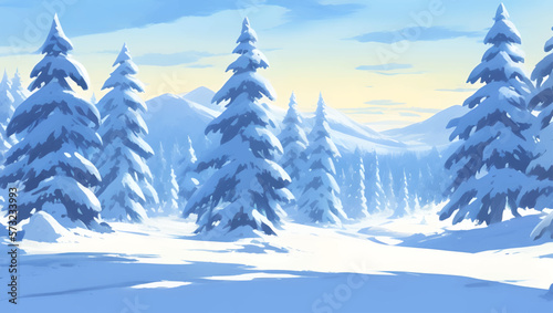 Snowy Mountains and Hills  with Pine and Fir Trees Scenery During Dusk Detailed Hand Drawn Painting Illustration