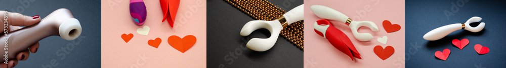 Fototapeta premium Сollection of sex toy. Collage of five photos sex toy. Vibrators. Flat lay