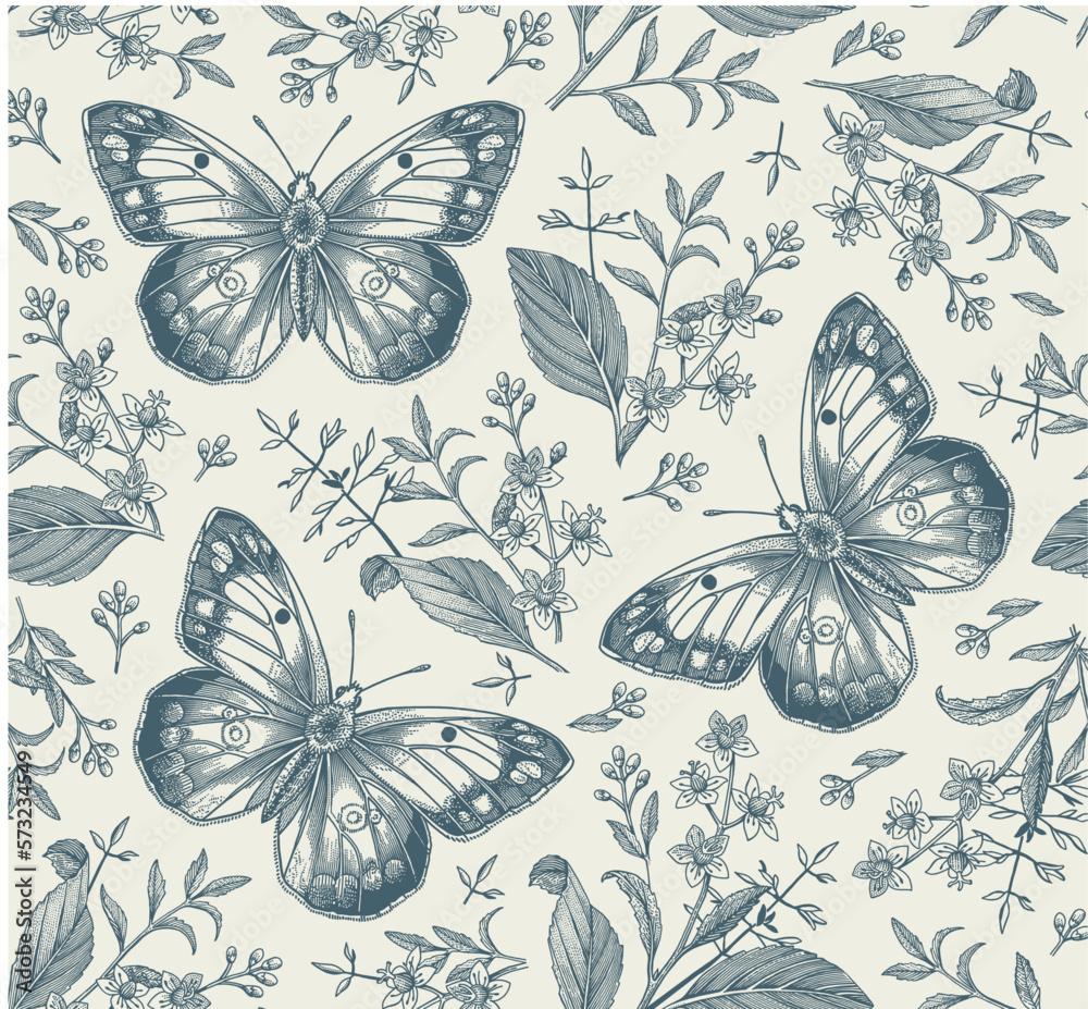 Seamless pattern. Butterfly Butterflies animals moths insect fly peacock makhaon mosquito realistic isolated. Vintage fabric background. Wallpaper. Drawing engraving. Vector victorian Illustration    
