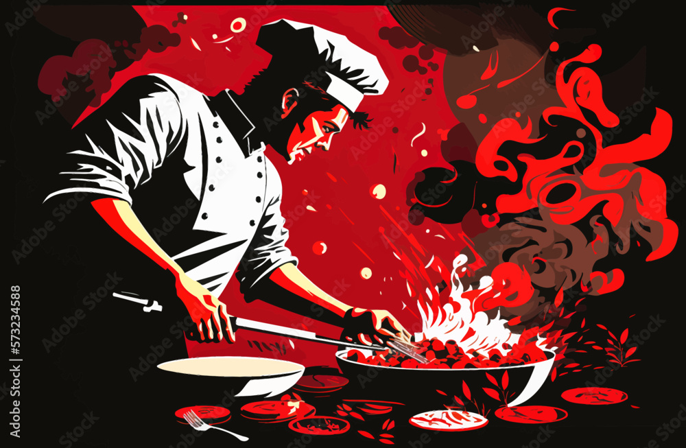 Illustration of a chef with dark, dramatic colors highlighting culinary skills and promoting food prepared by chefs. Realistic style. - obrazy, fototapety, plakaty 