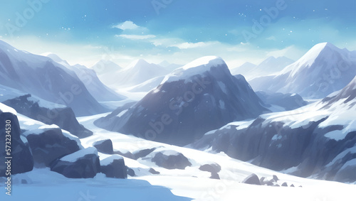 Snowy Mountains and Hills Panoramic Bird View Scenery During Day Detailed Hand Drawn Painting Illustration