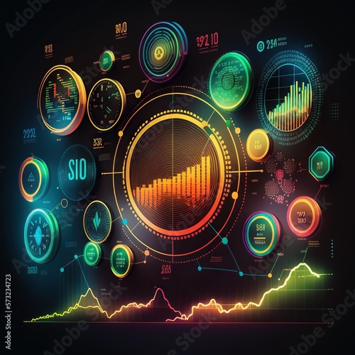 Creative infographic and data visualization finance  concept with perspective view on digital screen with stock diagrams, statistic bars and charts. 