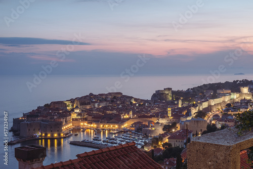 Iconic aerial view of Dubrovnik old town at dusk, Croatia