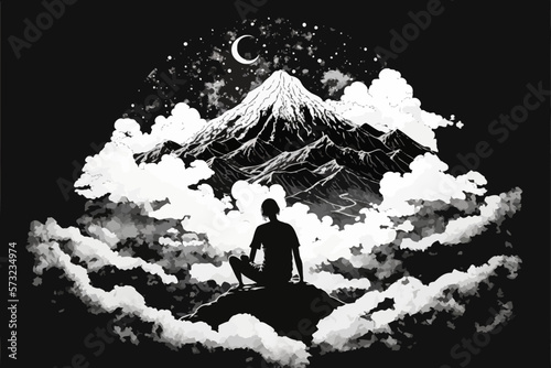 A person meditating serenely on top of a sunny mountain, framed by clouds and stars, a minimalist and uncluttered setting for creative projects.