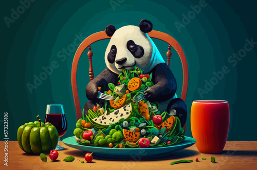 Illustration of a panda enjoying a colorful meal. Can be used to promote the love of good food and a healthy lifestyle.