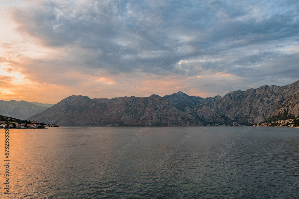 Perfect landscape, view of Kotor bay during sunset, mountains and sea, soft colours, background