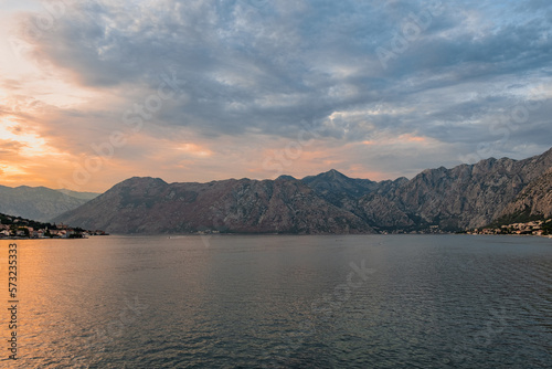 Perfect landscape  view of Kotor bay during sunset  mountains and sea  soft colours  background