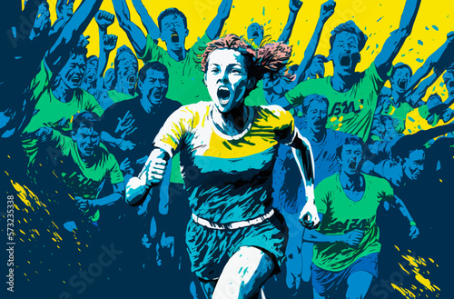 Person running towards a finish line surrounded by cheering people; vivid blue, green and yellow colors captured in an energetic style evoke excitement, determination and victory.