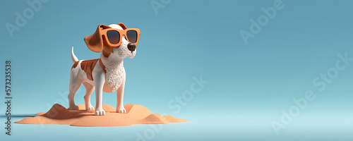 Cute Cartoon Summer Dog on a Beach in Sunglasses with Space for Copy (Created with Generative AI) © JJAVA
