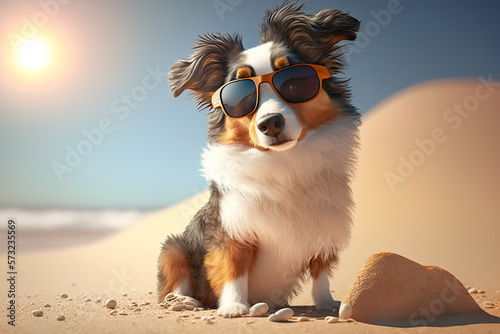 Cute Cartoon Summer Australian Shepard on a Beach in Sunglasses with Space for Copy (Created with Generative AI)