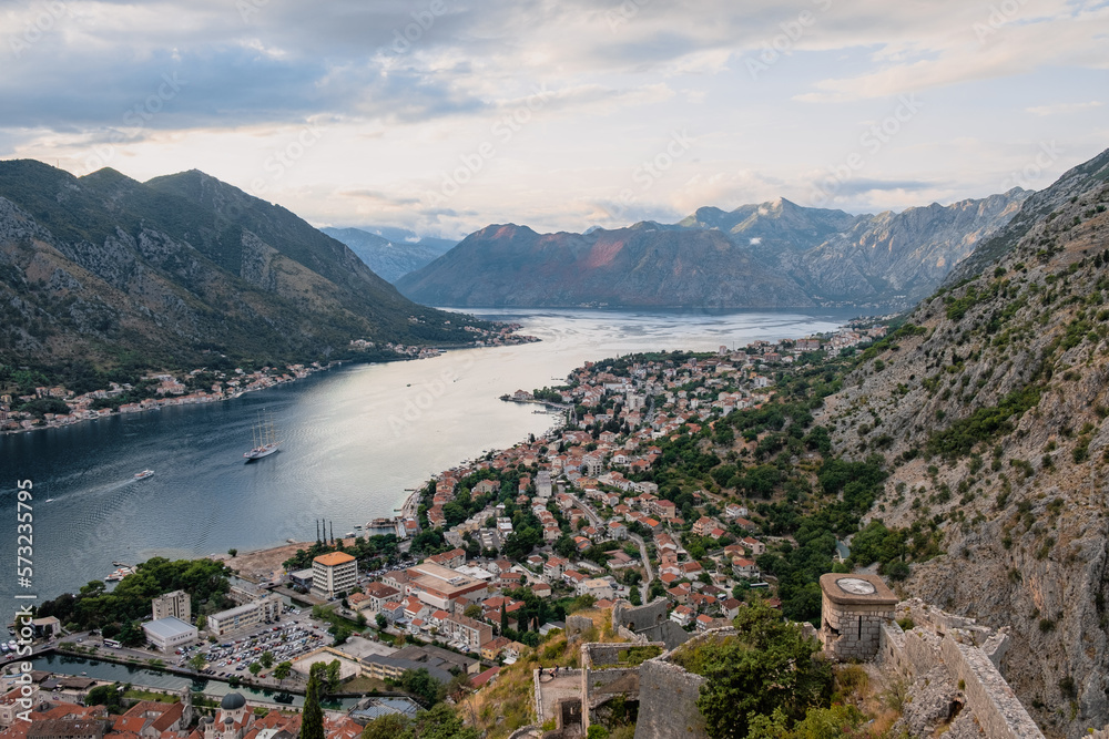Amazing panoramic aerial view before sunset of Kotor bay from city walls and fortress, soft colours, Montenegro 