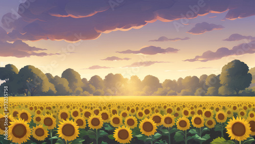 Beautiful Sunflower Field During Dusk or Dawn with Trees Detailed Hand Drawn Painting Illustration