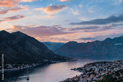 Amazing panoramic aerial view at sunset of Kotor bay from Kotor city walls and fortress, soft colours, Montenegro 