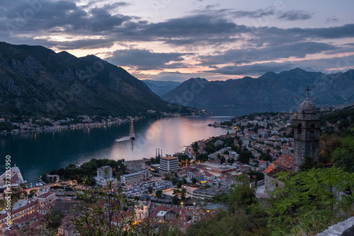Amazing panoramic aerial view at sunset of Kotor bay from Kotor city walls and fortress, soft colours, Montenegro 