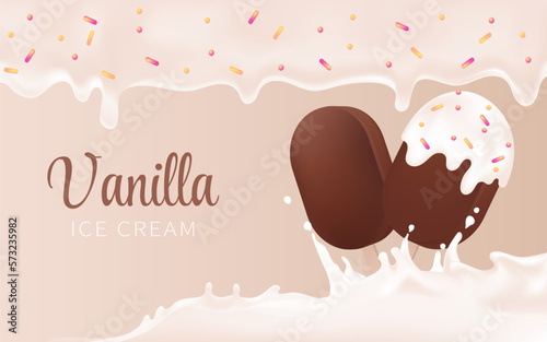 Eskimo pie ice cream with melted milk cream and sprinkles. Chocolate icing, vanilla ice cream with  splashing milk, 3d illustration for food package.