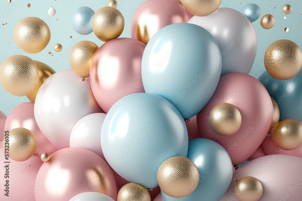 Background of festive light blue, pink, silver and gold balloons. Photorealistic drawing generated by AI.