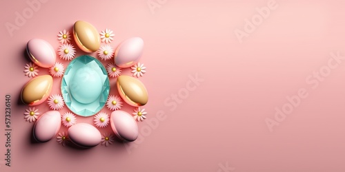 Shiny 3d decorative easter eggs holiday background and banner with flower ornament and empty space