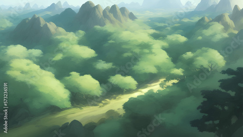 Green Nature Hill and Mountains Scenery During The Day Detailed Hand Drawn Painting Illustration