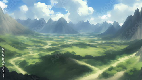 Green Nature Hill and Mountains Scenery During The Day Detailed Hand Drawn Painting Illustration