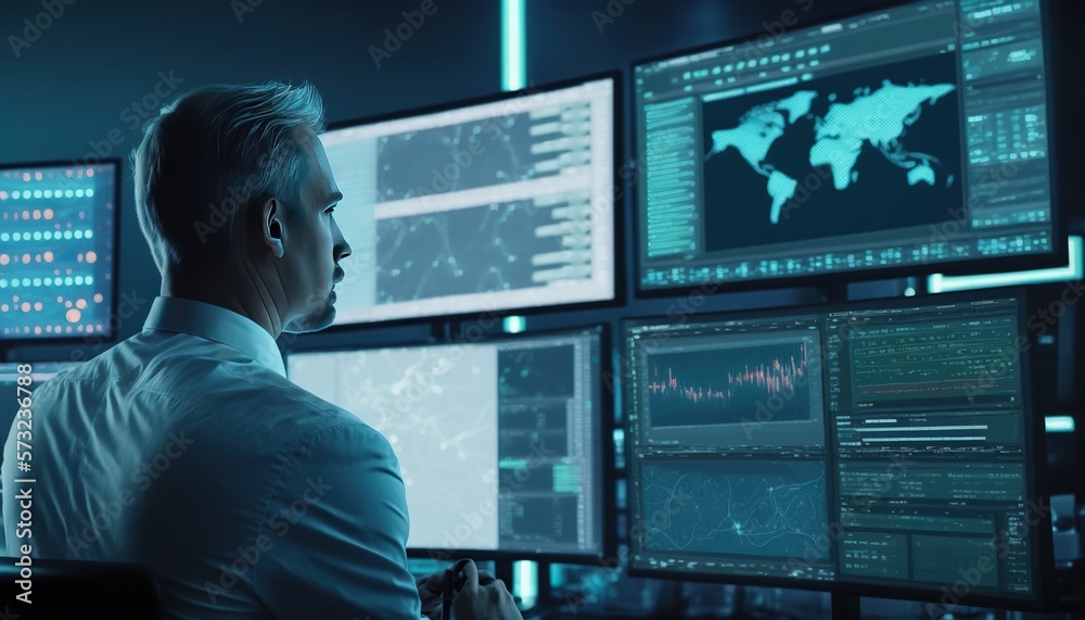 cyber security experts analyzing Use Big Screen and Laptop to View Telecommunications Infrastructure Infographics Data in Control and Monitoring Room cyber security experts analyzing Use Big Screen and Laptop to View Telecommunications Infrastructure Infographics Data in Control and Monitoring Room