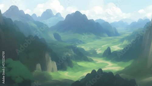Green Nature Hill and Mountains Scenery During The Day Detailed Hand Drawn Painting Illustration