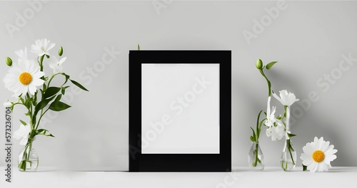 Empty Frame with flower, on table. for wedding photo, portrait, painting, memento, created by Generative A.I