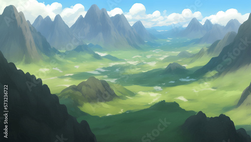 Green Nature Hill and Mountains Scenery During The Day Detailed Hand Drawn Painting Illustration