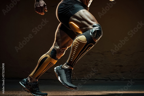 Close-up illustration of an athlete's legs with prosthetics in the style of the future. AI Generation