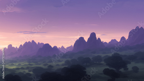 Hill and Mountains Nature Scenery During Dusk or Dawn Detailed Hand Drawn Painting Illustration