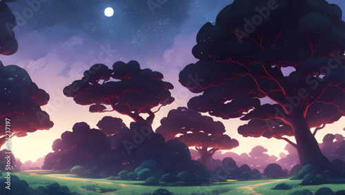 Magical Forest During The Night with The Dawn Coming Detailed Hand Drawn Painting Illustration