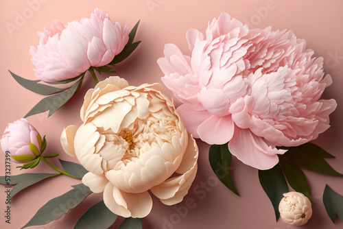 Beautiful white peonies on a gray concrete background  postcard and pencil. A bouquet of pale pink flowers  cement texture. Bloom  leaves  and buds. Great for mockup.