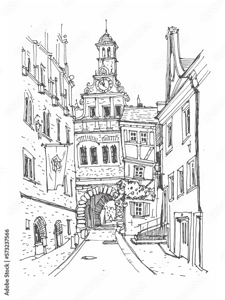 Travel sketch illustration of Marktbreit, Germany, Europe. Sketchy line art drawing with a pen on paper. Hand drawn. Urban sketch in black color isolated on white background. Freehand drawing.
