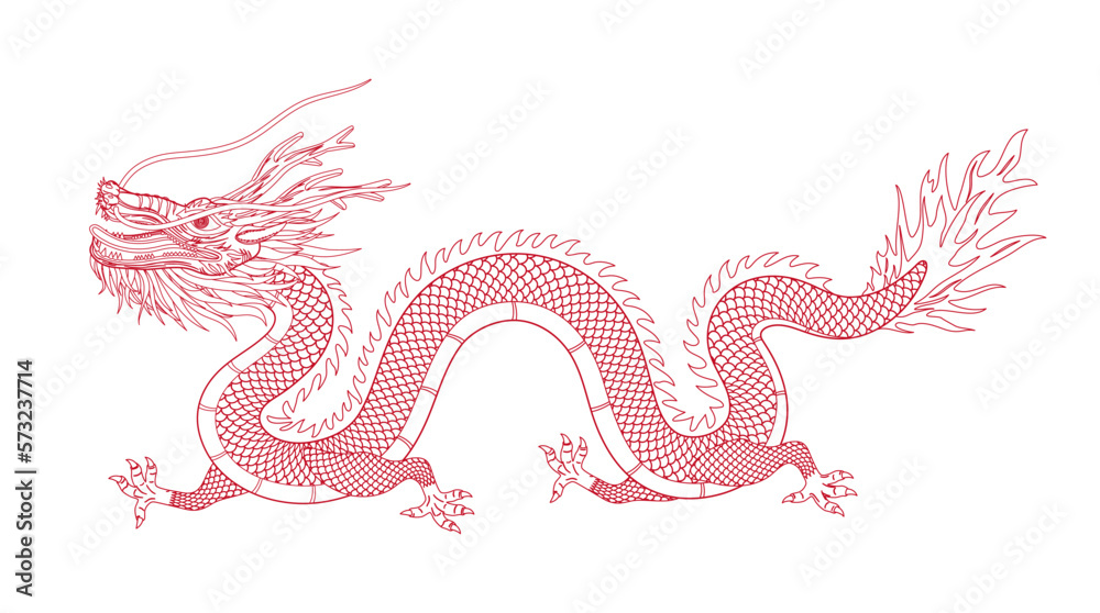 Obraz premium Vector line illustration of East Asian Chinese dragon