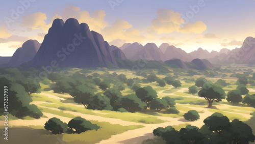 Hill and Mountains Nature Scenery During Dusk or Dawn Detailed Hand Drawn Painting Illustration
