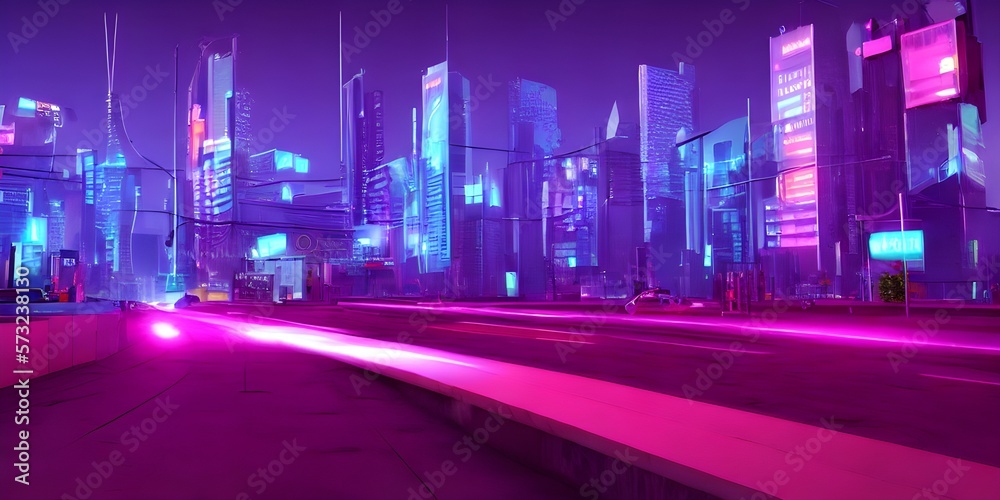 Neon mega city with light reflection from puddles on street heading toward buildings. Concept for night life, business district center (CBD)Cyber punk theme, tech background. Generative AI. Neon mega city with light reflection from puddles on street heading toward buildings. Concept for night life, business district center (CBD)Cyber punk theme, tech background. Generative AI.