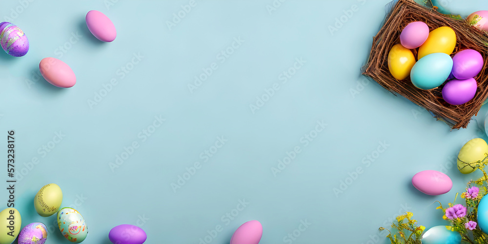 Easter eggs nest. Spring still life banner card on blue table background with copy space. Generative AI