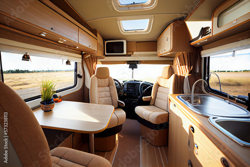Camper, motorhome interior. Travel concept, travel by car. AI generative.