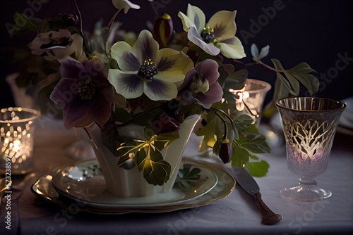 Hellebore bouquet on vintage winter themed table  fairy lights and candles. Generative AI