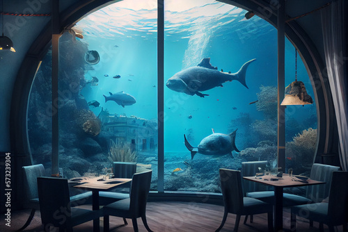 Underwater restaurant. Tables next to a large window. You can see the life of marine animals and fish.