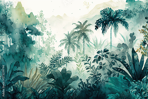 Watercolor pattern wallpaper  digital painting of the Amazon forest landscape  generative AI