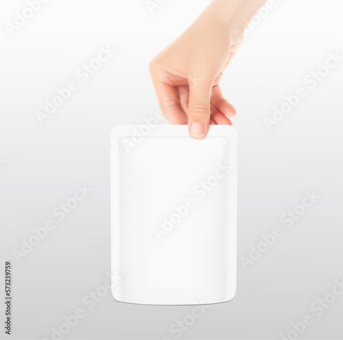 The hand holds the pouch bag. Vector illustration. Can be used to present your product. EPS10.	