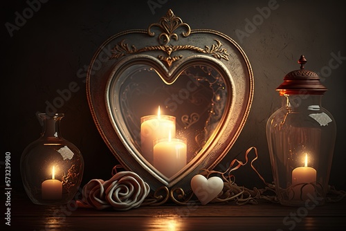 Cozy background for Valentine's Day with decorative heart and candles .Generative AI
