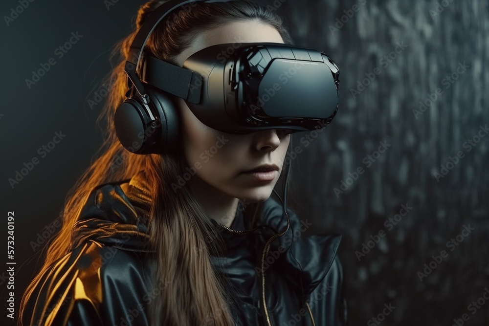 Attractive woman with futuristic virtual reality headset. Generative AI.