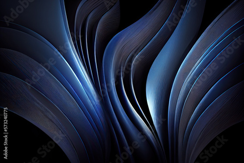 Smooth abstract wavy blue curves on black background with copy space