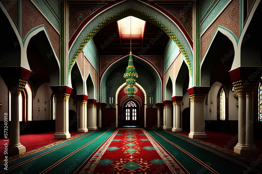 Mosque Interior with Red and Green Carpet